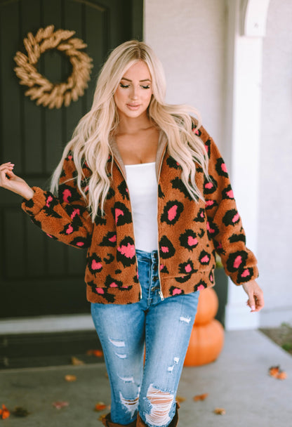 Leopard Zip Up Stand Collar Sherpa Teddy Jacket