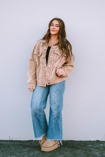 Apricot Studded Buttoned Chest Pockets Corduroy Jacket