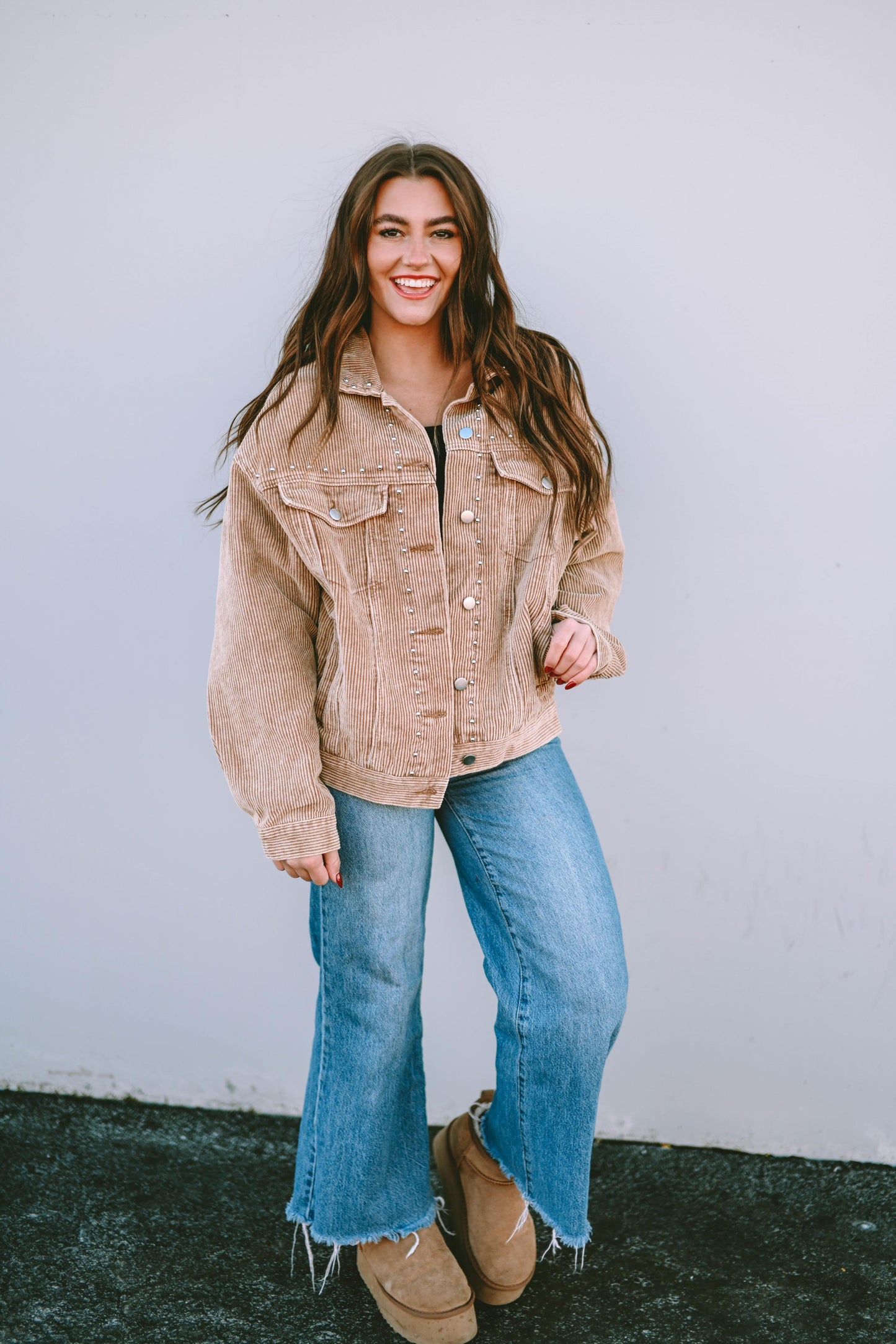 Apricot Studded Buttoned Chest Pockets Corduroy Jacket