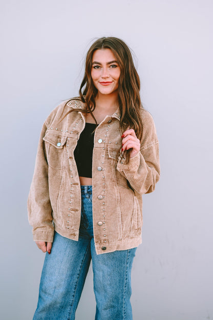 Apricot Studded Buttoned Chest Pockets Corduroy Jacket