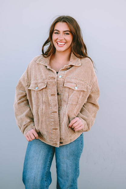 Apricot Studded Buttoned Chest Pockets Corduroy Jacket