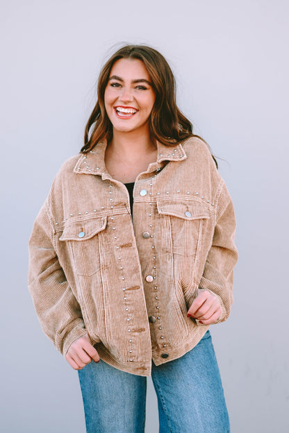 Apricot Studded Buttoned Chest Pockets Corduroy Jacket