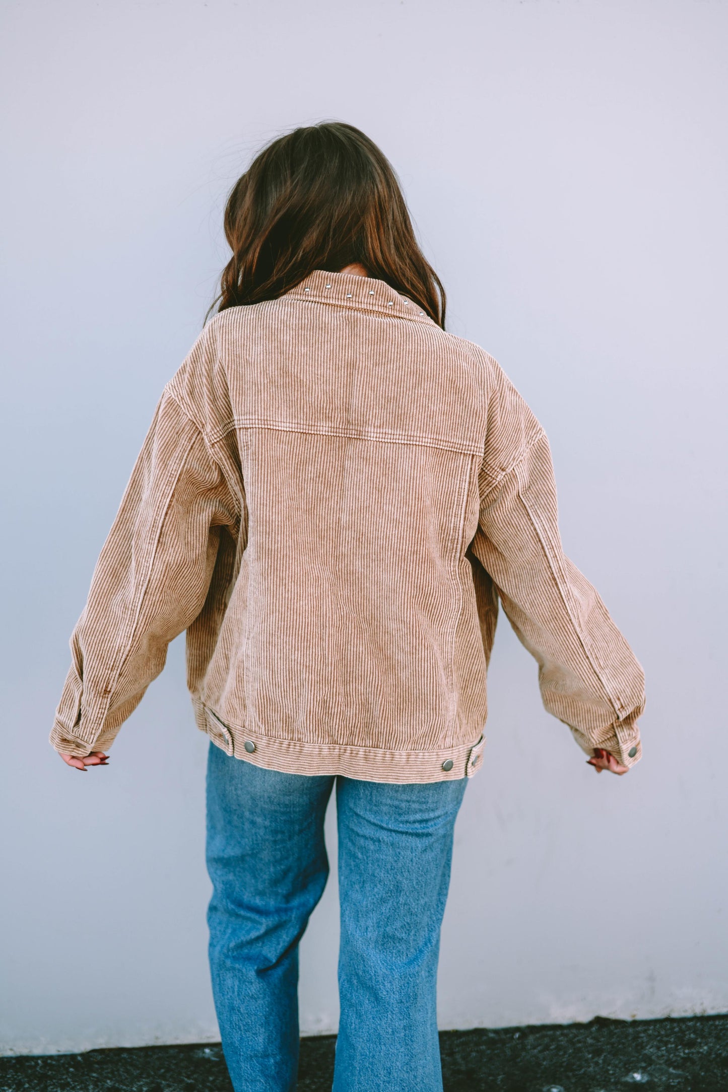 Apricot Studded Buttoned Chest Pockets Corduroy Jacket