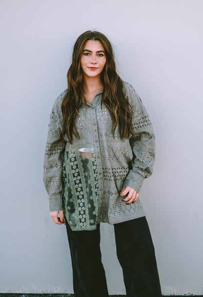 Duffel Green Eyelet Pattern Patchwork Oversized Button Up Shacket