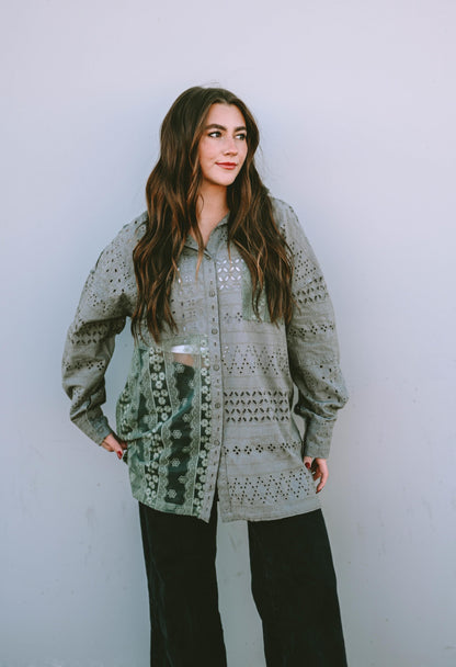 Duffel Green Eyelet Pattern Patchwork Oversized Button Up Shacket