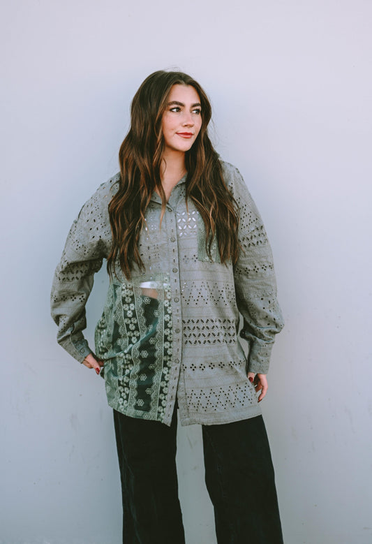 Duffel Green Eyelet Pattern Patchwork Oversized Button Up Shacket