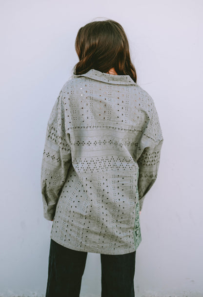 Duffel Green Eyelet Pattern Patchwork Oversized Button Up Shacket