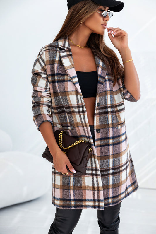 Pink Plaid Button Up Lapel Jacket