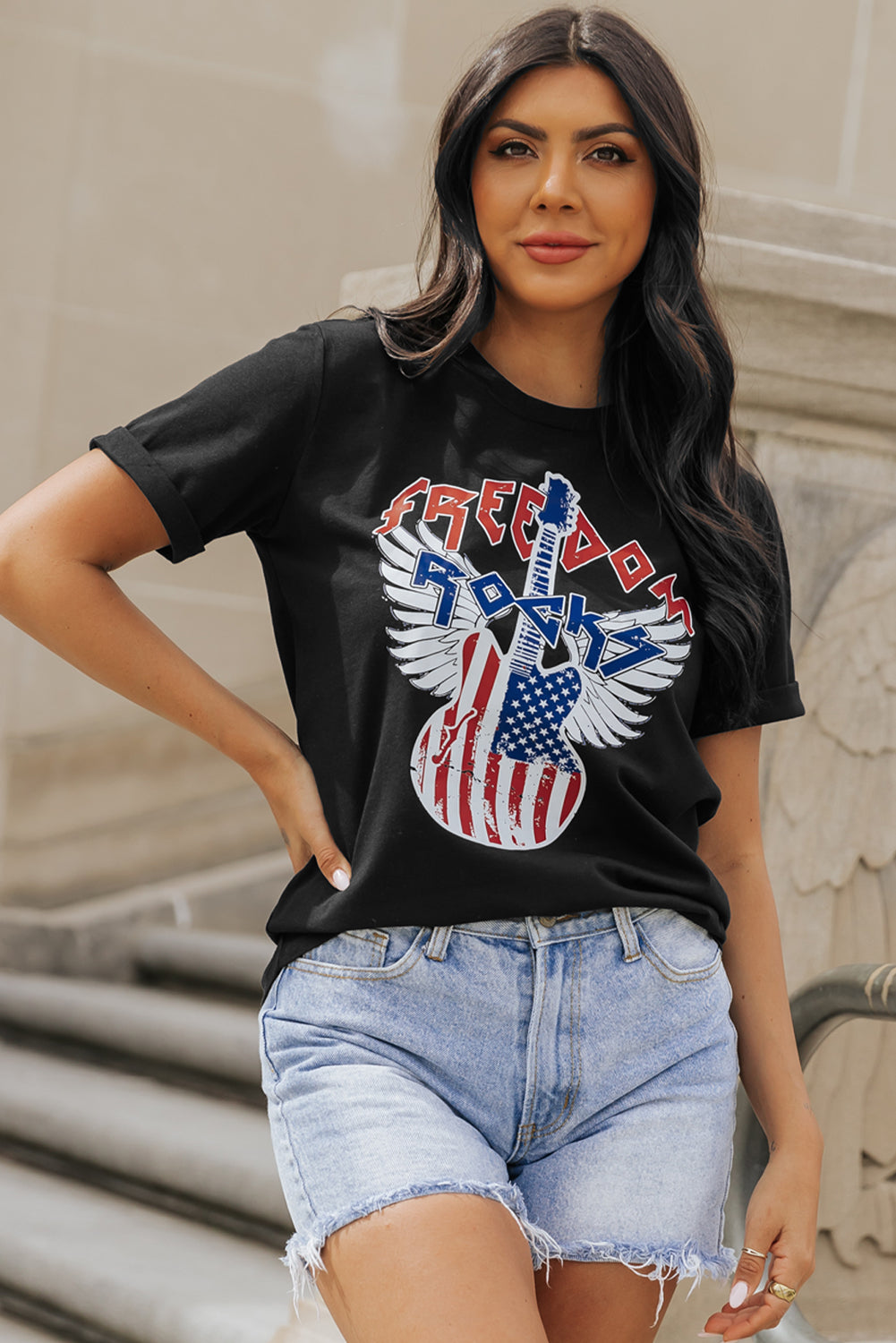 Black American Flag Guitar Print Crew Neck Tee