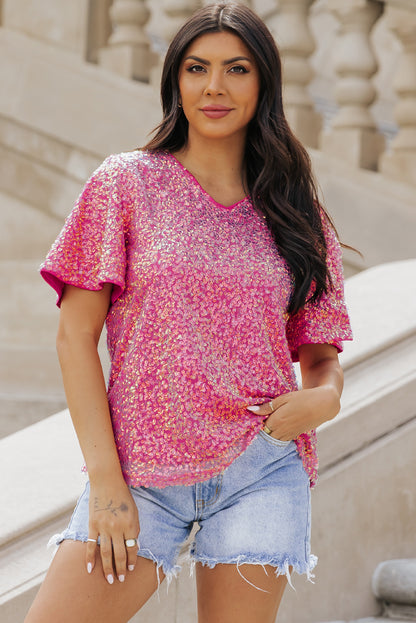 Bonbon  V Neck Wide Sleeve Sequin Top