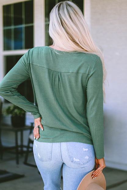 Green Ribbed V Neck Long Sleeve Top