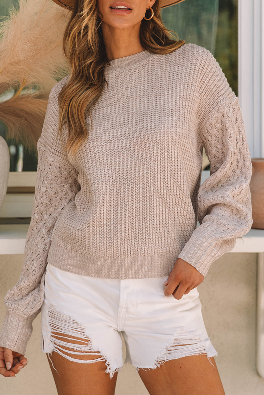 Parchment Cable Knit Sleeve Drop Shoulder Sweater