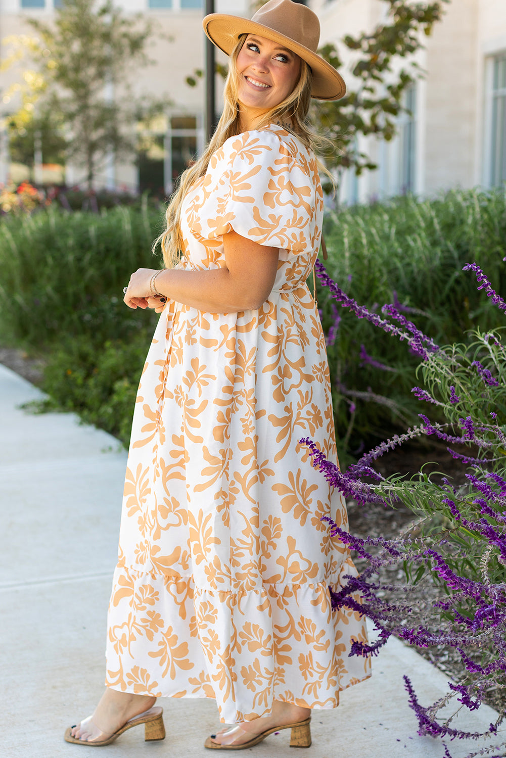 Apricot Floral Print Puff Short Sleeve Resort Plus Size Maxi Dress