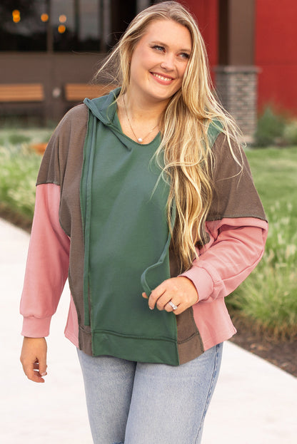 Breen Plus Size Colorblock Patchwork V Neck Hoodie