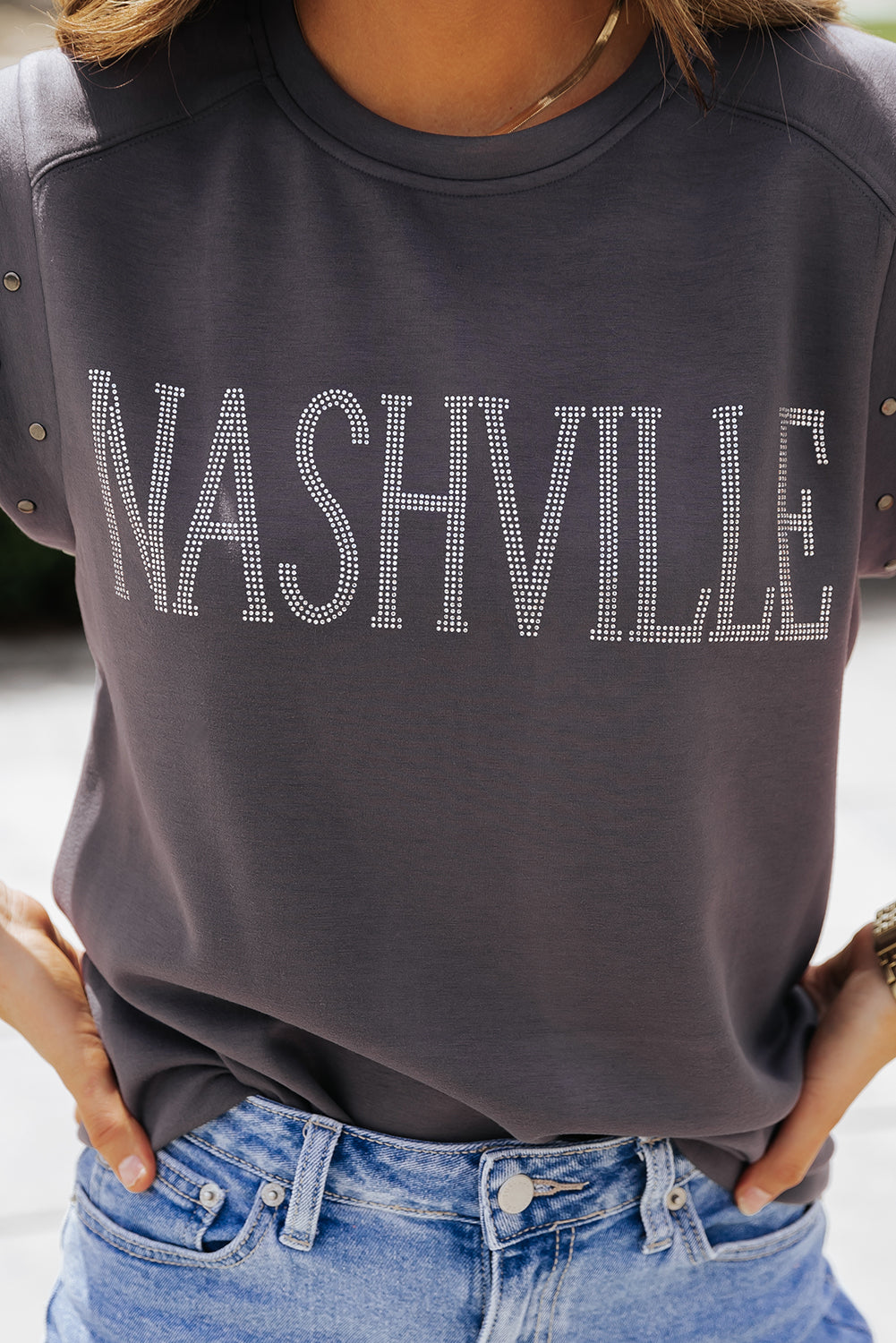 Dark Grey NASHVILLE Letter Graphic Studded Short Sleeve Top