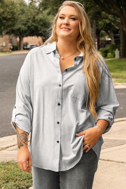 White Stripe Rolled Tab Sleeve Buttoned Plus Size Shirt