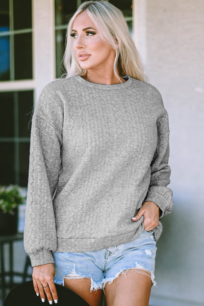 Gray Cable Textured Drop Shoulder Pullover Sweatshirt