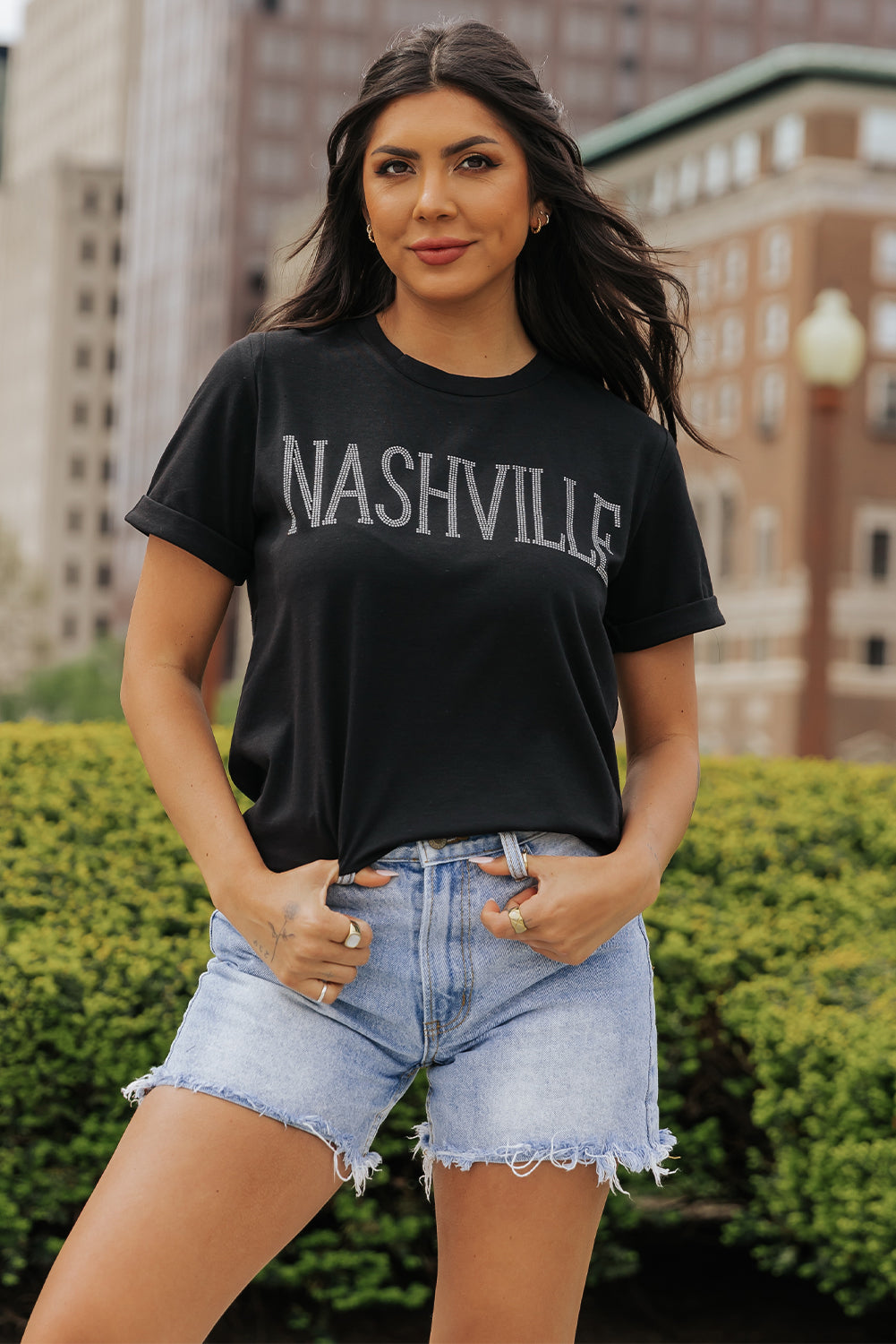 Black Rhinestone NASHVILLE Graphic Crewneck T Shirt