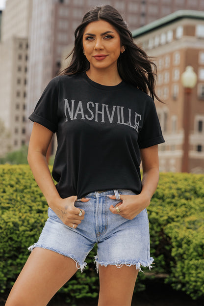 Black Rhinestone NASHVILLE Graphic Crewneck T Shirt