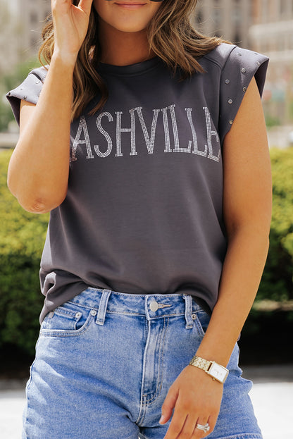 Dark Grey NASHVILLE Letter Graphic Studded Short Sleeve Top