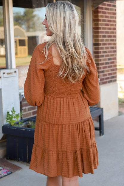 Black Bishop Sleeve Smocked Tiered Mini Dress