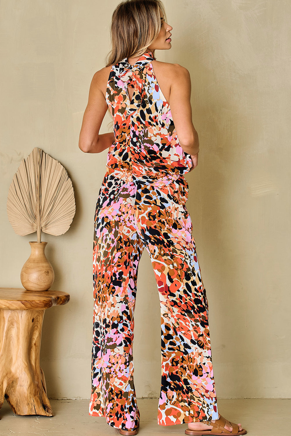 Black Multicolor Leopard Print Halter Tank Top and Pants Set