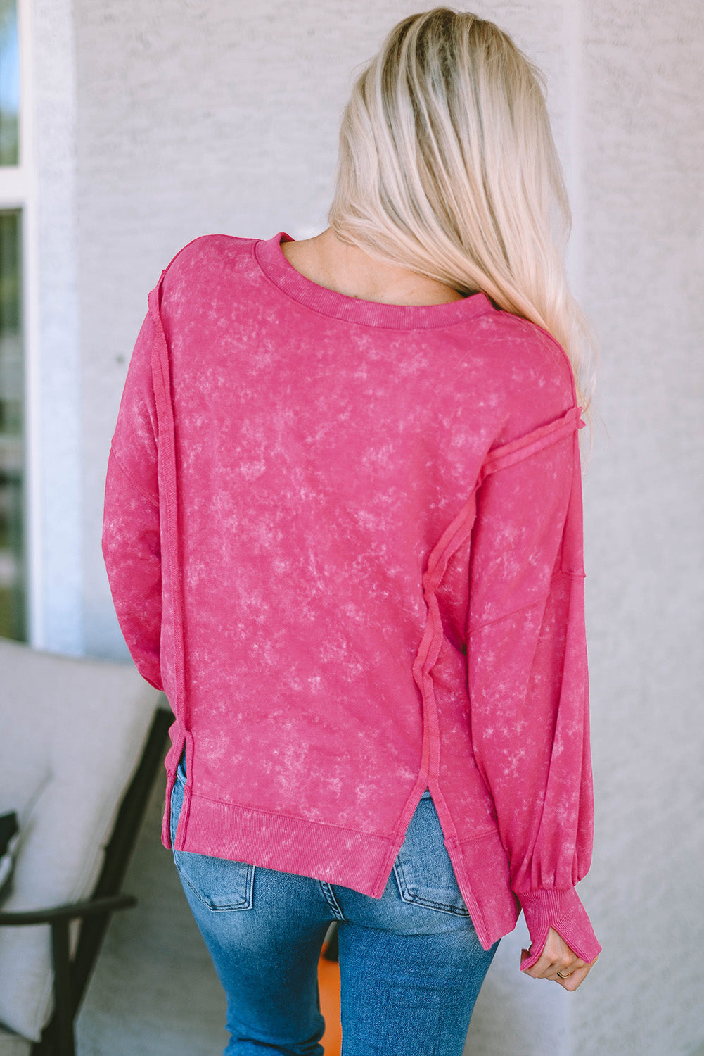 Rose Acid Wash Relaxed Fit Seamed Pullover Sweatshirt with Slits