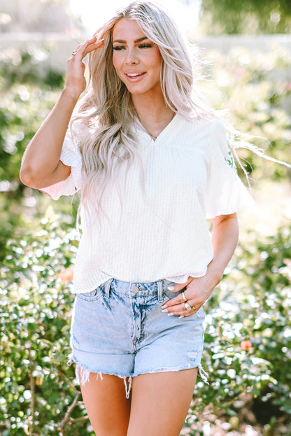 White Floral Embroidered Puff Sleeve Notched Neck Blouse