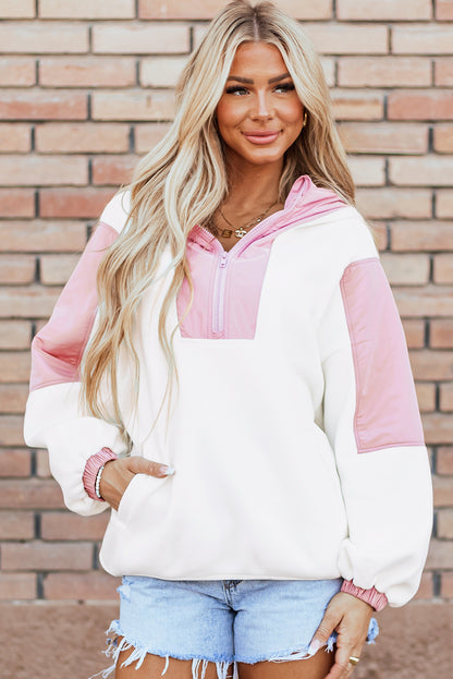 White Colorblock Patchwork Half Zip Oversized Sherpa Hoodie