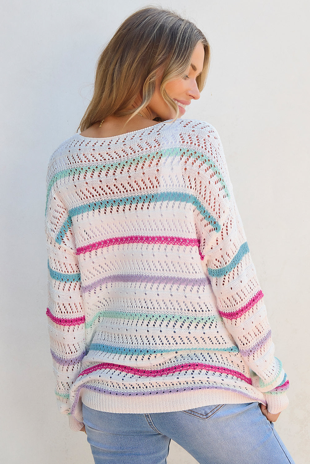 White Striped Hollowed Crochet Loose Fit Sweater