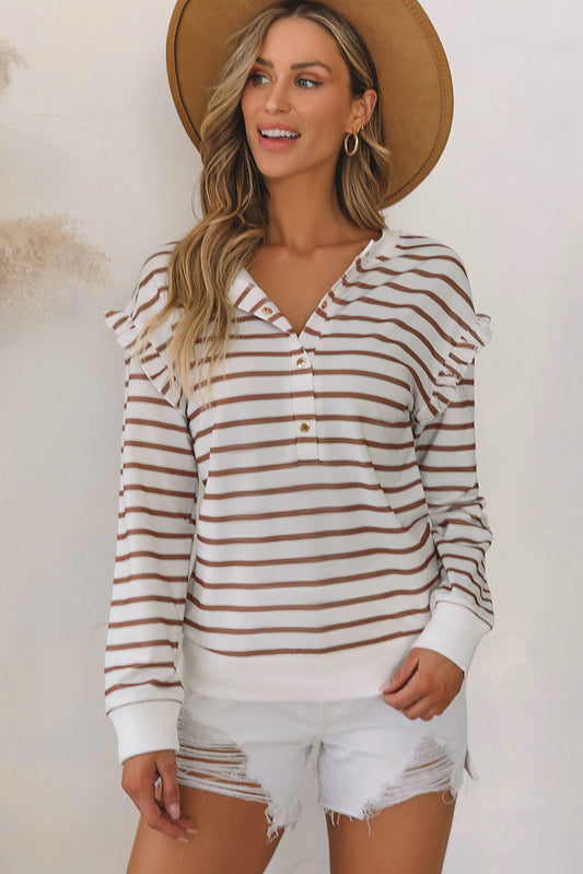 Brown Striped Ruffled Sleeve Buttoned Half-Placket Top