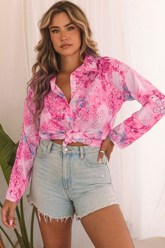 Floral Flutter Sleeve Lace-Up Blouse