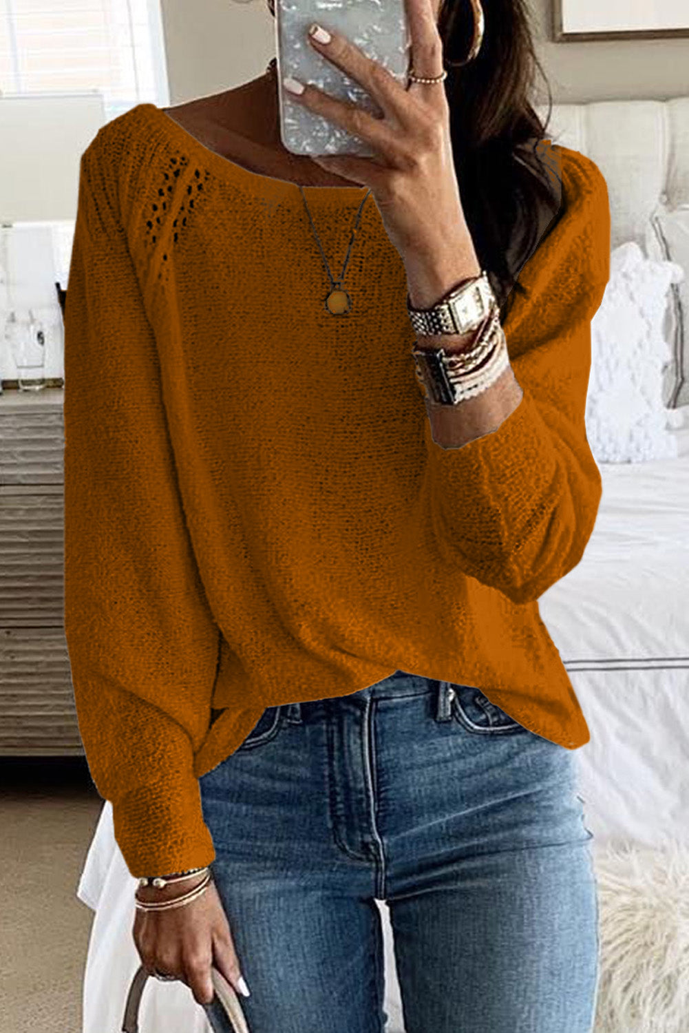 White Long Sleeve Cutout Shoulder Relaxed Sweater