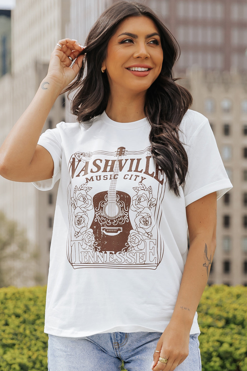 White NASHVILLE MUSIC CITY Graphic Crew Neck Tee