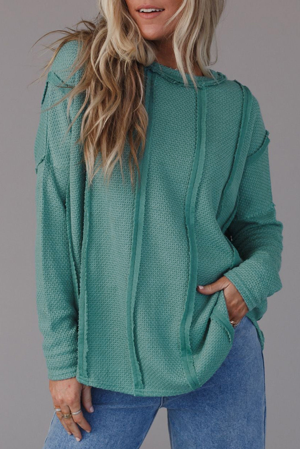 Green Exposed Seam Waffle Knit Loose Top