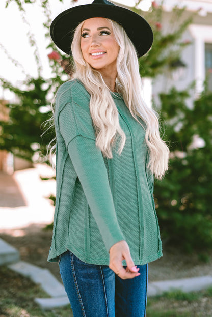 Green Exposed Seam Waffle Knit Loose Top