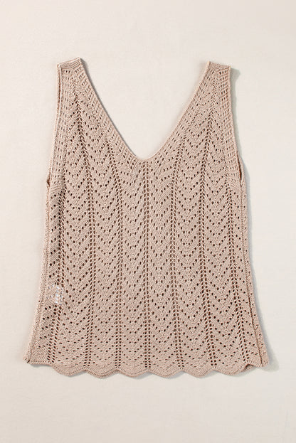 Pale Khaki Scalloped Hem V Neck Crochet Knit Vest