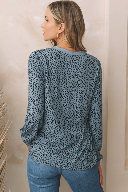 Gray Animal Spotted Print Round Neck Long Sleeve Top