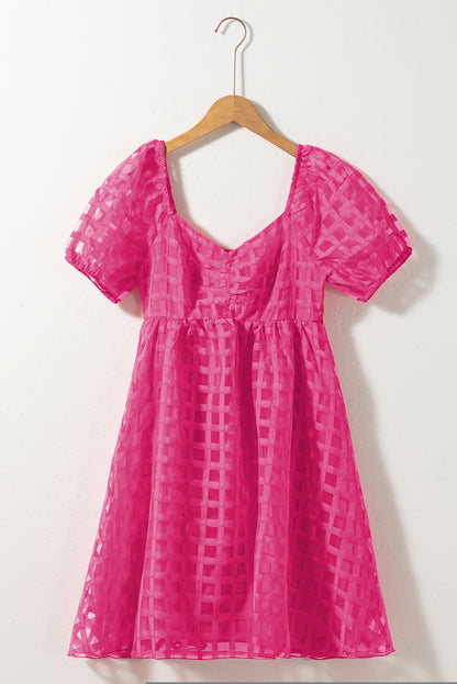 Strawberry Pink Checkered Puff Sleeve Babydoll Dress