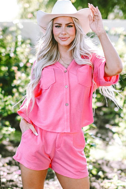 Bright Pink Textured Chest Pocket Half Sleeve Shirt Shorts Outfit