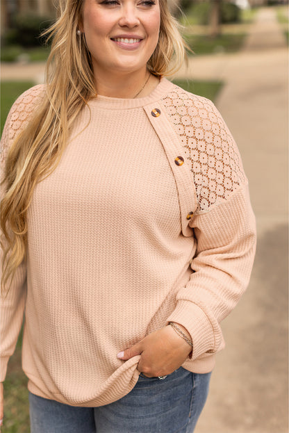 Beige Plus Size Lace Patchwork Buttons Waffle Knit Top