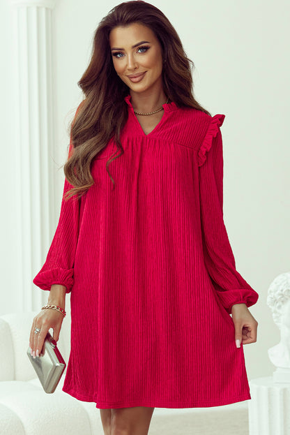 Fiery Red Textured Ruffled Trim V Neck Loose Fit Mini Dress