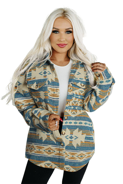 Multicolor Western Aztec Print Button Flap Pocket Shacket