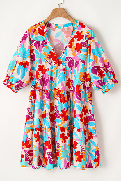 Multicolour Floral Tiered V Neck Plus Dress