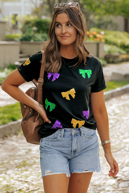 Black Mardi Gras Sequin Bow Knot Crew Neck T Shirt