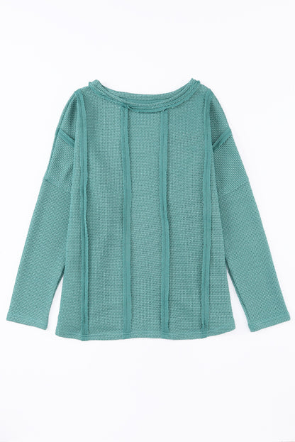 Green Exposed Seam Waffle Knit Loose Top