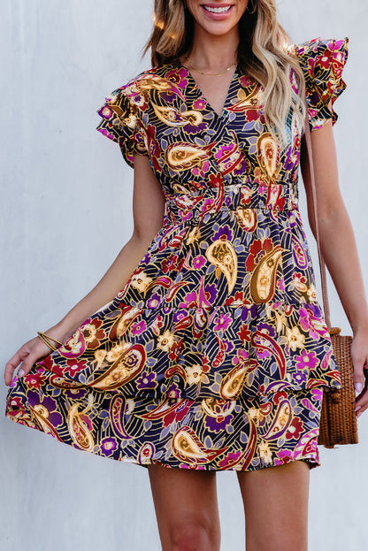 Green Paisley Print Flutter Sleeve Tiered Ruffle Dress