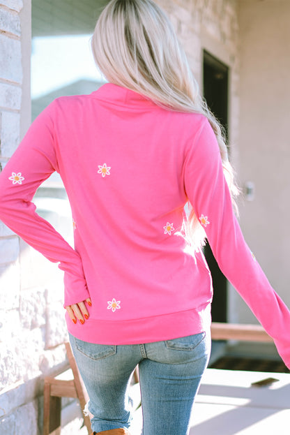 Pink Flower Embroidered Thumbhole Sleeve Cowl Neck Sweatshirt