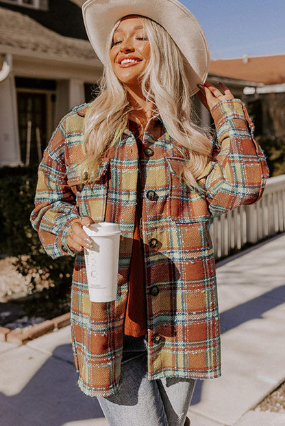 Blue Oversized Flap Pockets Plaid Shacket with Slits