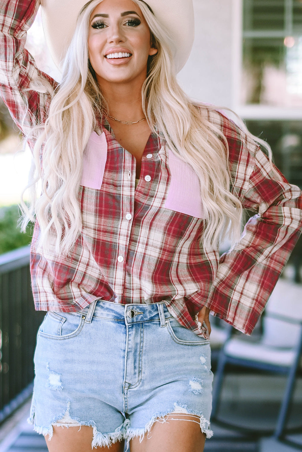 Fiery Red Contrast Patchwork Raw Edge Distressed Plaid Shirt